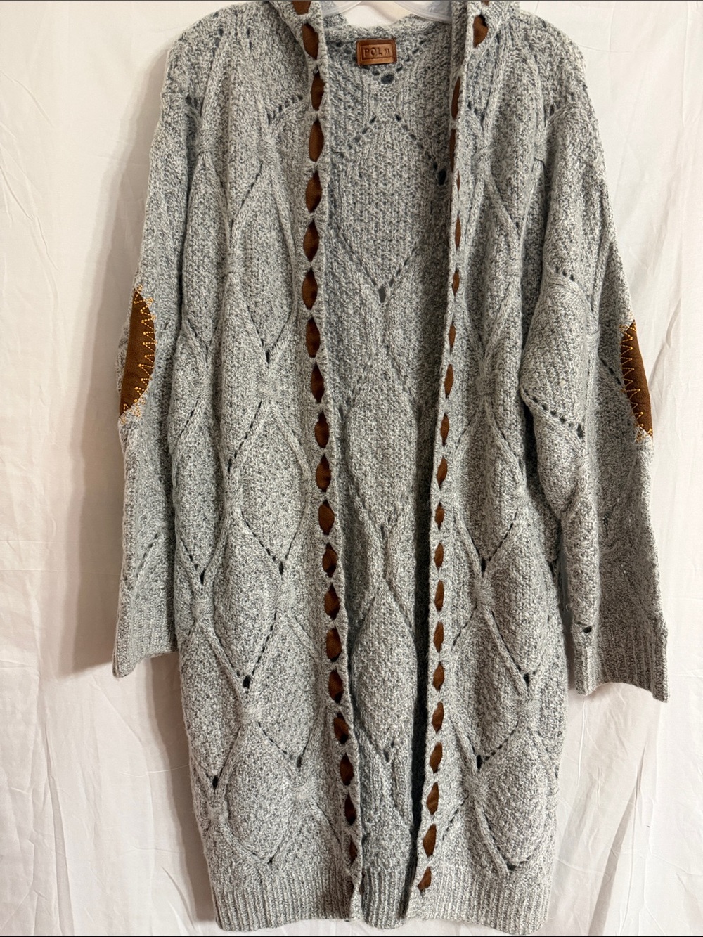 POL Light Gray Open Cable-Knit Cardigan with Brown Elbow Patches